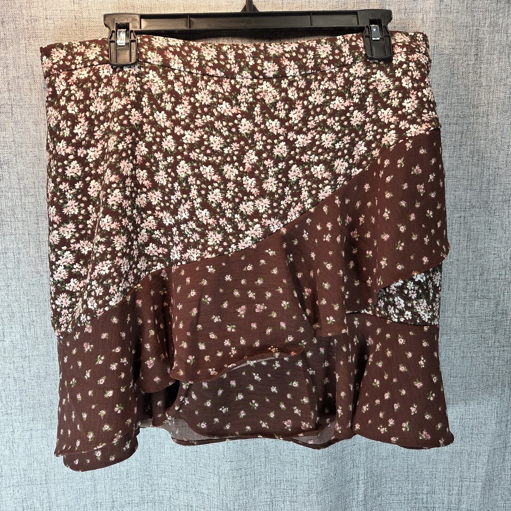 Originality Brand Mini Skirt Brown Pink Floral Ruffle Layered‎ Sz XL Ditzy Boho